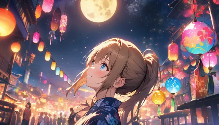 Highest quality, masterpiece, The girl who grants Wishes,blonde,blue eyes,Double exposure, The best smile, Looking up at the sky, yukata, , Night view, Tsukimi団子, Large bamboo and colorful hanging ornaments,Golden light particle effect、Events in Japan、Tsuk...