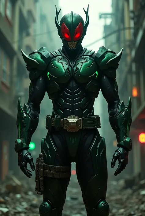 Generate a Kamen Rider wearing a black suit with dark green body parts.。