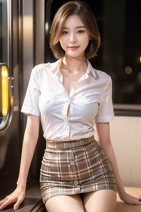 (A stunning Korean lady, in empty train at night, wearing a white short-sleeve shirt with buttons, and plaid mini-skirt, with a youthful, smooth complexion, beautiful detailed eyes and lips, long eyelashes, a slender figure, perfect body anatomy, hugr brea...