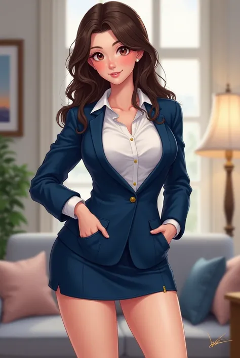 A small stature woman with slightly thick legs and thighs with big tits and buttocks in a short blue skirt suit, white button-down shirt and loose hair, as well as a slightly skinny build but not too much and an age of 16 years.