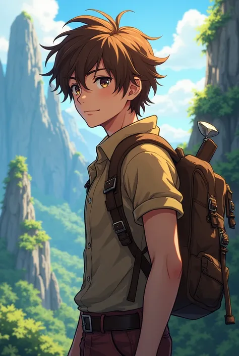 Anime boy Brown hair adult , MAPPA hair a little long on an adventure