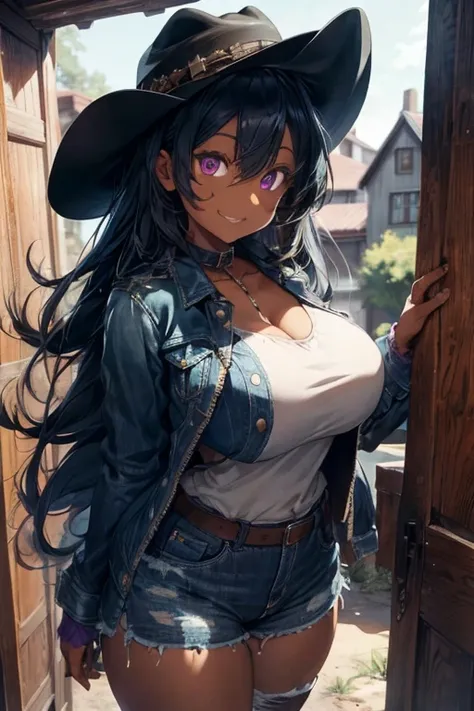 1 female, darker skin, huge breast, green long hair, cowboy clothes, cowboy hat, jacket, jeans short, boots thick legs, purple eyes, gothic house, dolls, happy face,