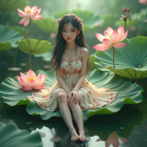 Photo realistic, realistic, Realistic face and eyes, Realistic skin, Large lotus flowers and leaves, A sitting on a leaf, Wearing a floral dress, Fantasy Photo, Cute and heartwarming atmosphere, masterpiece, UHD, anatomically correct, textured skin, high d...