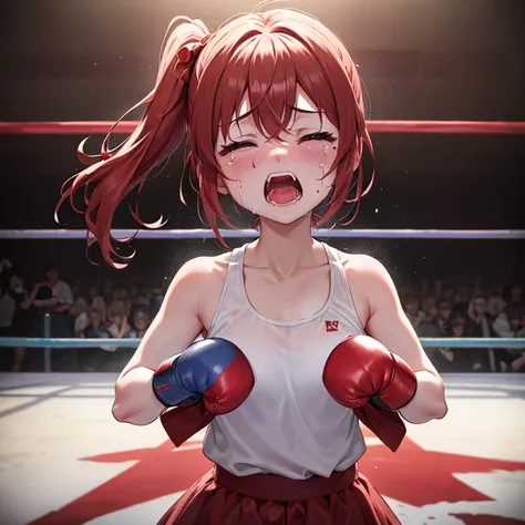 boxing ring、falling、down、loser、a girl wearing boxing gloves on both hands、flushed face、are crying、eyes closed、scream、scream、desp...