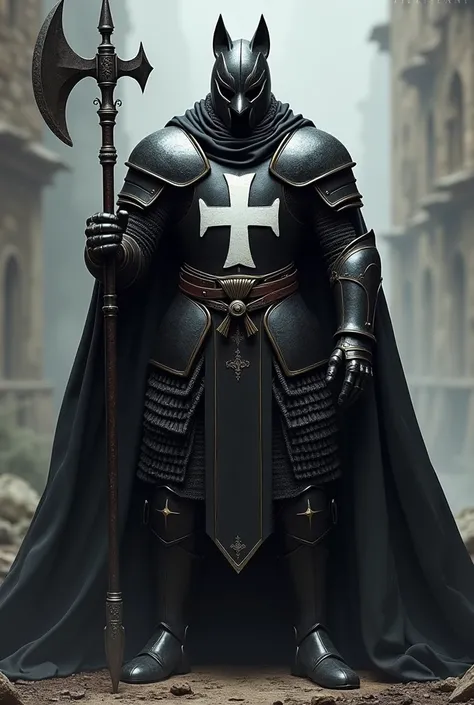 A Teutonic knight in black armor, put a cross on his chest with white cloth and make sure the cross is black and a matching cape please , a spear in the right hand and an axe in the left please and a black helmet with feline features please 