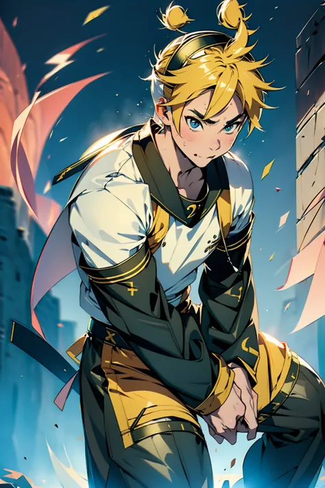 stage,(((kagamine len))),short hair,short ponytail,huge muscles,huge penis,harness,magic circle pattern tattoo,imminent sexual a...