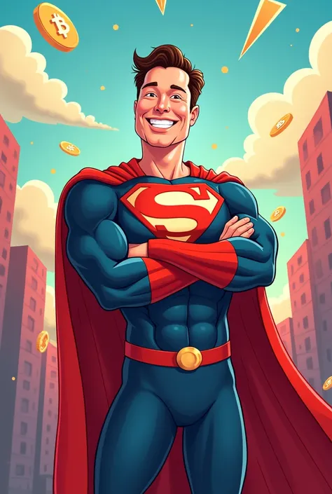 Elon Musk As A Superhero of crypto currencies standing and crossing his hands and smiling and showing his teeth with wonderful smile, Cartoon, childish cartoon , make it like avatar photo