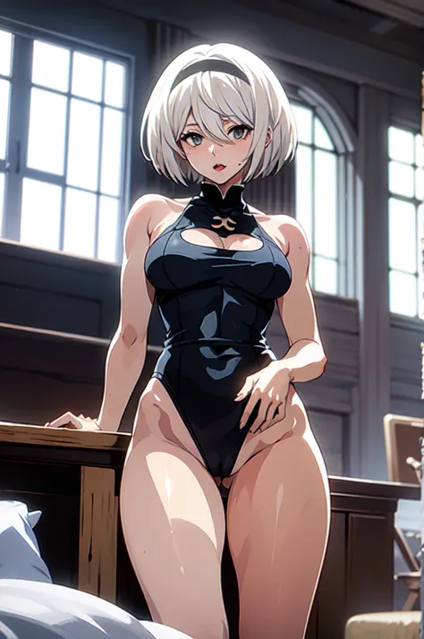 2b, 1 girl, Alone, short hair, White hair, thighs, neckline, medium breasts, standing, Whole body, by white, hair band, black thighs, mole, neckline cutout, black hair band, mole under the mouth, in front of the viewer, sale, covered eyes, black sale, mast...