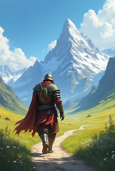 An adventurer in heavy armor walking through the plains on a path with mountains in the background on a sunny day in a fantasy world