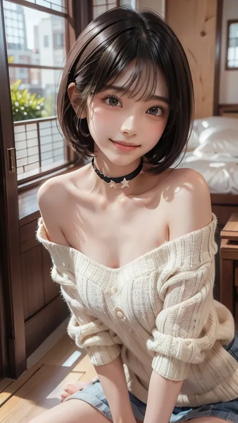 Highest quality, masterpiece, Ultra-high resolution, Realistic, 1 girl, Off the shoulder, knit, smile, smile, Slightly visible, Extra Large_sweater, Soft lighting, Detailed skin, bangs, Black Hair, Clear Eyes, Short Bob Hair, Transparency, Japan, Korean, B...