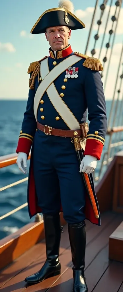 photographic, realism,  Front view, full body, stand on ship board, on England sail ship,  noon,  English  officer  from the Napoleonic Wars era, 1 English man ,40-age, (blond shot hair, blue eye,  bread, Navy Black bicorne hat with a gold cockade and whit...