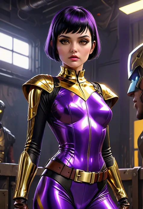 dramatic comic book style, woman, (gold eyes), short pixie cut hair, (black hair), purple cowboy hat, shiny futuristic bodysuit that is a deep vibrant purple with a wide gold stripe down the front, gold stripe down the middle, brown leather belt, brown lea...