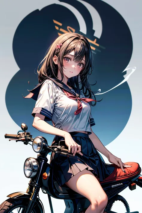 masterpiece, Highest quality, High resolution,alone, Accurate human body、Knowledgeable person、Correct five-finger,Sailor suitを着たアニメの女の子が、Riding a scooter and smoking a cigarette, Japanese girls uniform, Japanese School Uniform, high school girl, seifuku, K...