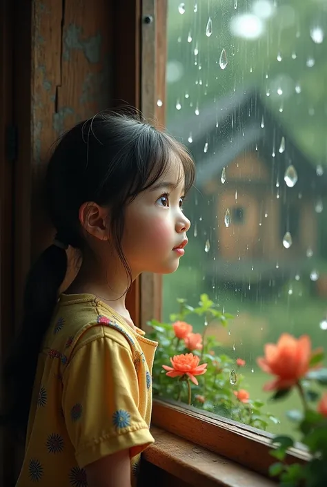 Create a front image of a girl admiring the rain through a window of a wooden house with flowers 