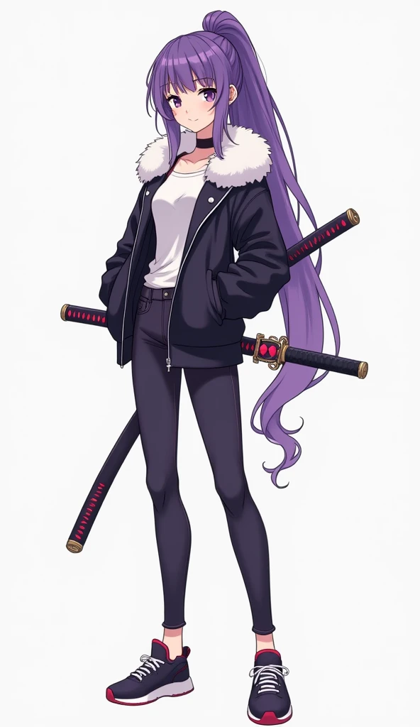 ((whole body))、anime、Short jacket with fur、skinny pants、sneakers、Japanese sword on waist、ponytail、Long Hair、alone、arms、A woman in her twenties with purple hair