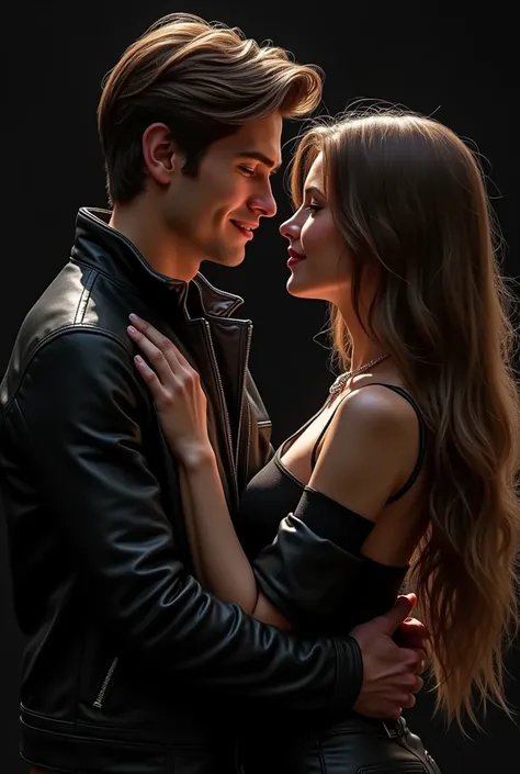 masterpiece, Superb Costumes, (illustration), ((2 people)), ((Handsome Young Couple Kissing and Hugging), (Mill Style), Fashion, leather jacket, (Long hair), (Happy), (White skin), (Dark circles), Handsome, Parties, Toast, trend, Dark Gray,, close up, (Gra...