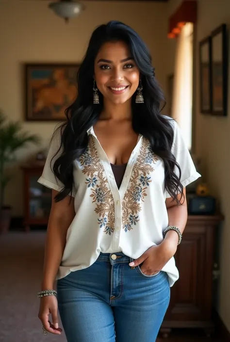 Perfect curvy  Indian sexy wife with embroidered collared tshirt and jeans pant ,big breasts,  HDR, 8k, hyper detailed, best quality, ultra-high resolution, HDR, 8k, walking on the house , look at viewer, waist level view, bright smile, wearing platinum or...