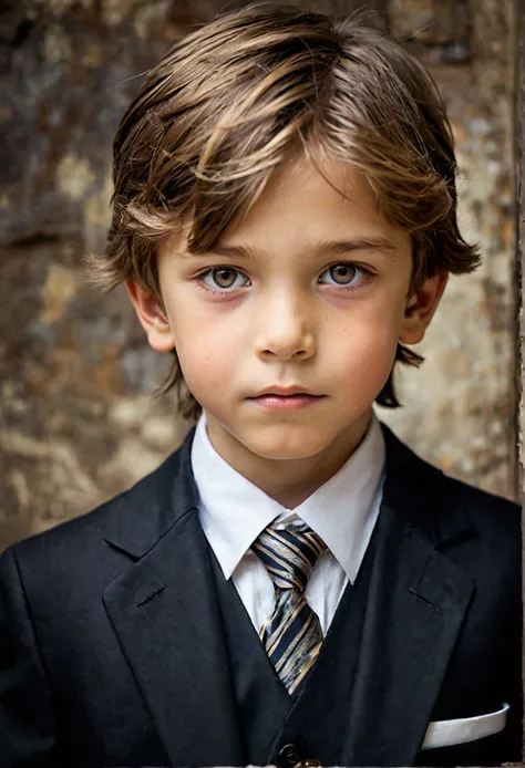 A nine year old boy, very handsome, very beautiful, clear-eyed, light brown hair, White skin, sober look, melancholic aspect, very formal clothes.