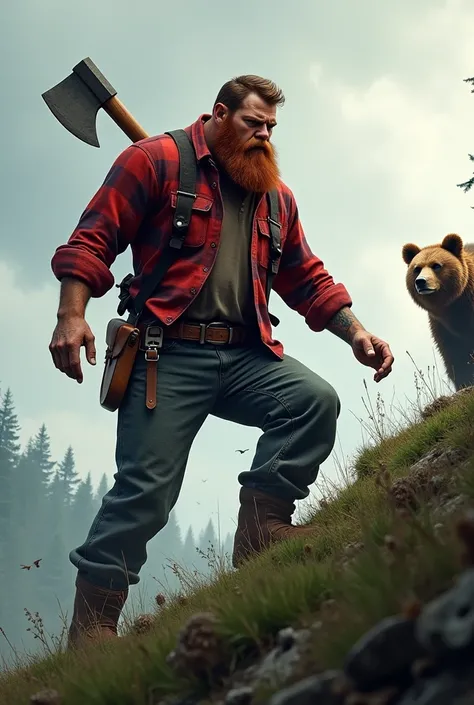 a lumberjack-style man in a red plaid shirt, over six feet tall, with a red beard on a cloudy day climbing the hill with an axe on his back and in the background a brown bear watching him from 3 meters away 