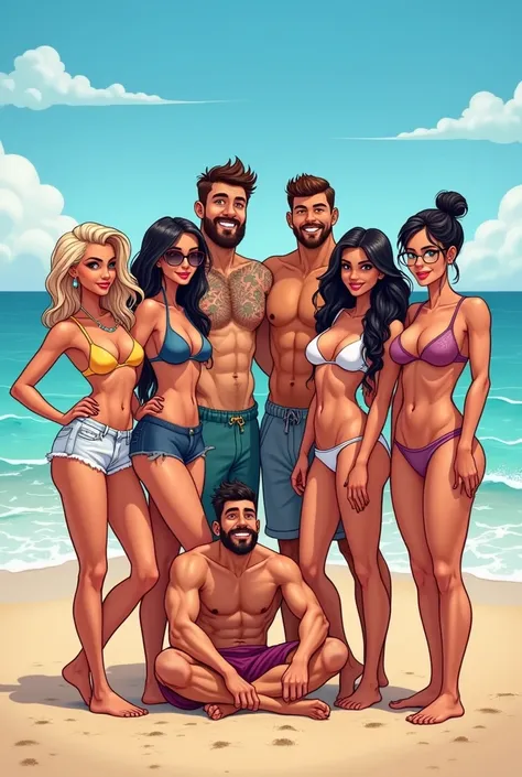 Make a cartoon photo of 8 travel friends that are 4 women and 4 men on the beach together, a woman with balayage hair cute slim of normal height, a bearded, muscular, tattooed man of average height, a man with a beard and glasses, a little fat, of average ...