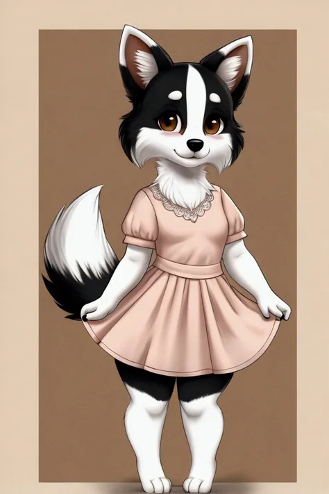 Small, thin female Border Collie dog with nice big thighs and black and white fur and cute brown eyes and is wearing a short dress with a full body mini skirt and is .