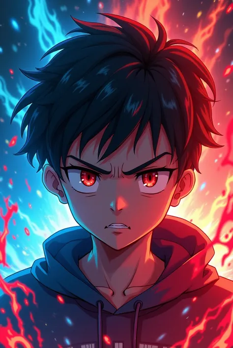 Boy,but red and blue, form anime,but his angry
