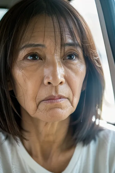 A close-up shot of a Japanese woman in her 40s or 50s, wearing a white t-shirt. She has a slightly worried expression, and her face is etched with deep, expressive wrinkles. The lines around her eyes and mouth are prominent, telling a story of a life fille...