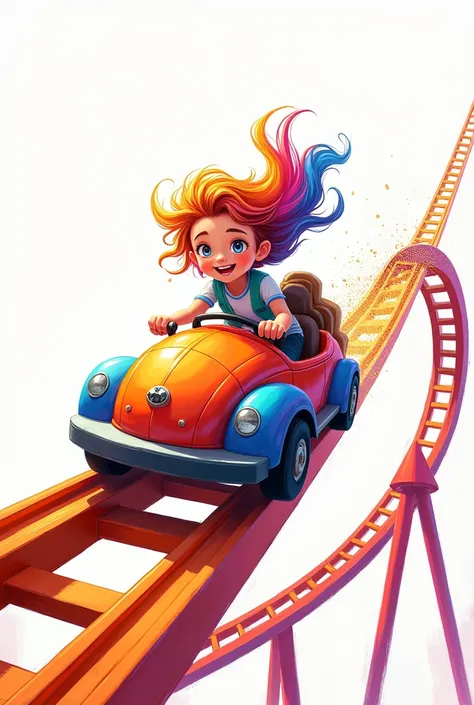 white background, a girl with colored hair on a roller coaster 