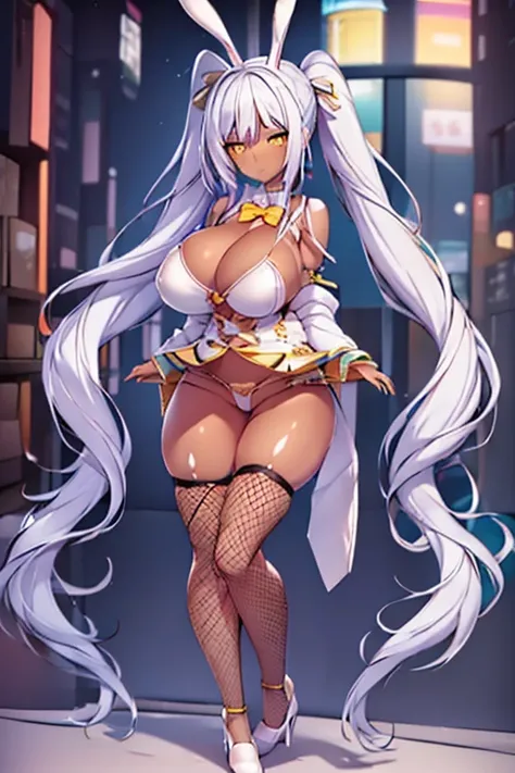 1girl, white hair, long hair, dark-skinned female, dark skin, yellow eyes, breasts, large breasts, bowtie, wide hips, fishnets, bunnysuit, leotard, white bunnysuit, shy, timid, ponytail, fishnet, fishnet pantyhose, fishnet legwear, high heels, full body, (...