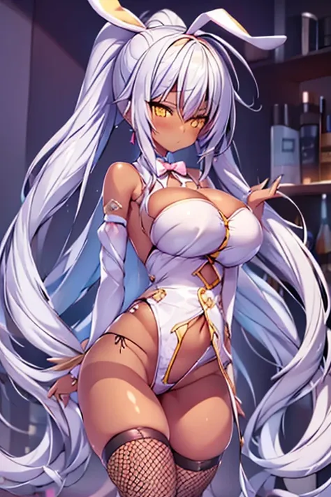 1girl, white hair, long hair, dark-skinned female, dark skin, yellow eyes, breasts, large breasts, bowtie, wide hips, fishnets, bunnysuit, leotard, white bunnysuit, shy, timid, ponytail, fishnet, fishnet pantyhose, fishnet legwear, high heels, full body, (...