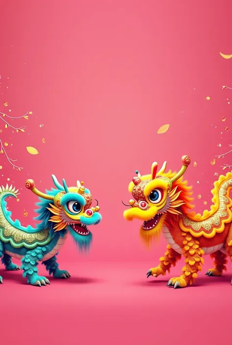 Pink background with dragon and lion dances on the left and right
