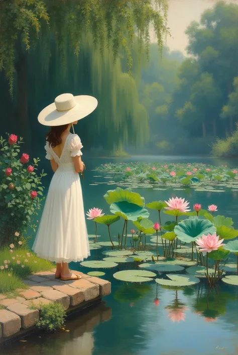 Monet Oil painting. Lotus flowers are in full bloom in the pond in the garden. A lady in a white dress and ladys hat holding a parasol stands in the grass by the pond, gazing at the lotus flowers in the pond. She says "Oh! That aint water lily..." in her s...