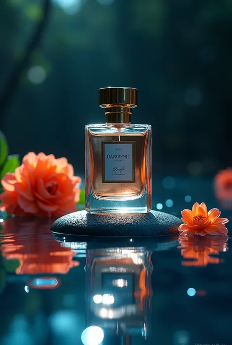  Product photography of a perfume, lying on the water surface, with flowers, stone on sparkling water, natural lighting, nature photorealistic photography, dreamy tones, focus on product, center composition,, dark background in night time, insane intricate...