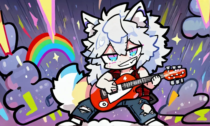 a chibi athletic muscular male with long white messy hair, fluffy wolf ears and fluffy wolf tail, wearing a shredded red plaid flannel vest, wearing torn up jeans, himbo, light beard, glowing blue eyes, giant goofy grin, playing guitar with rainbow lightni...