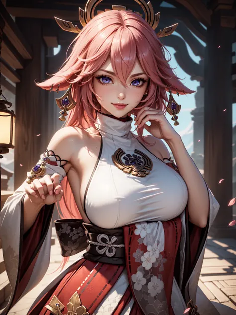 grasping and squeezing breasts,((masterpiece)),(bestquality),((ultra-detailed)), (beautiful detailed face), depth of field,detailed,((beautiful detailed eyes)), (fantasy art:1.5), ((yaemikodef)), cowboy shot, (armpits pose:1.2), body goals, perfect body, o...