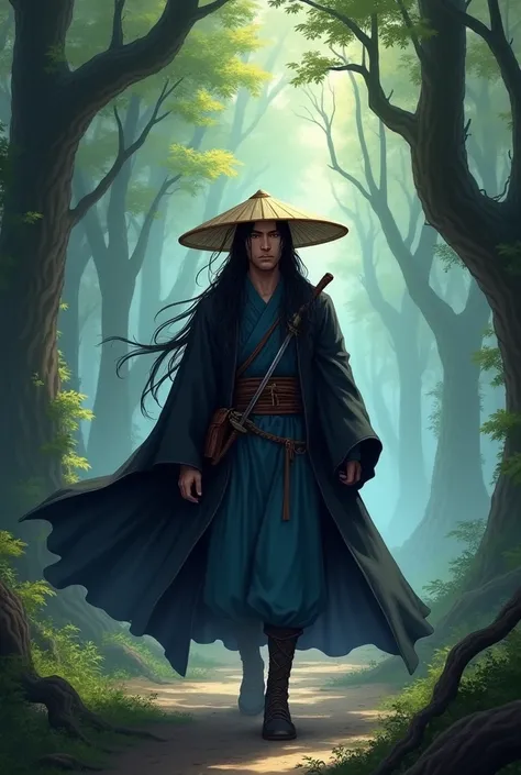 Highest quality, excellent detail,Clear picture of a man with long black hair, 1, 2 feet tall.,5. Matt wears a black and blue outfit, a large black cloak, and a hat made from bamboo. (((See the little iron face))) Carrying the Dragon Sword and Sword Bag ((...