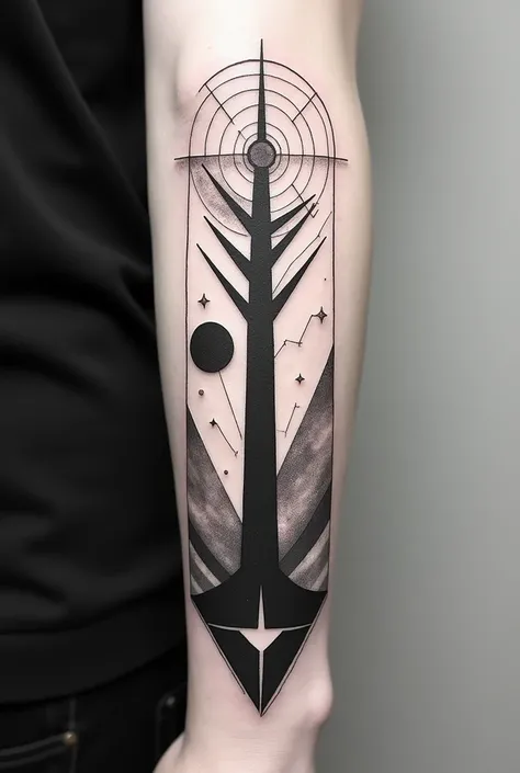 Geometric style tattoo of a very tall tree with sun,Moon and stars,triangle symbols ,circles and squares. black and white 