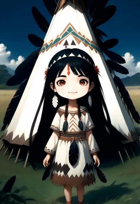 score_9, score_8_up, score_7_up, score_6_up, score_5_up, score_4_up, source_anime, old manga style, kawaii native american indian girl character, winking, indian costume, headband, bird feathers on her head, teepee, grassland