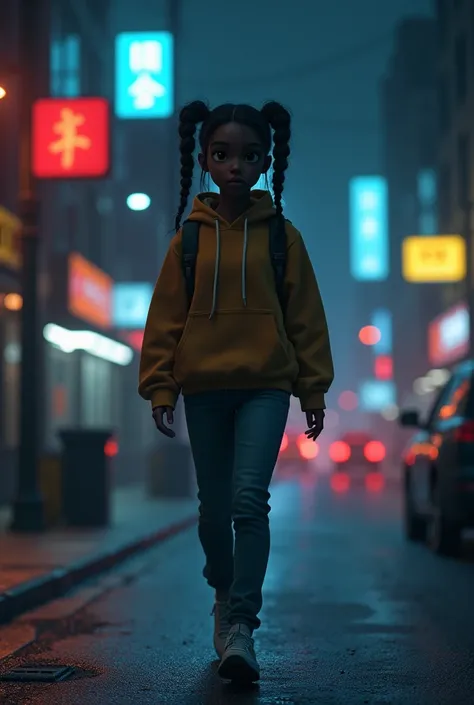 a teenage girl with dark skin with two braids and a hoodie and jeans walking through a night with several lights