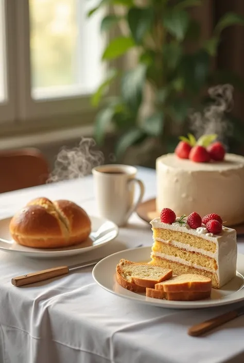 a detailed breakfast table with a cake, toasts, bread, coffee, juice, for two people, photorealistic, 8k, ultra-detailed, hyperrealistic, realistic lighting, warm and cozy atmosphere, soft focus, detailed textures, natural colors, delicious food, steam ris...