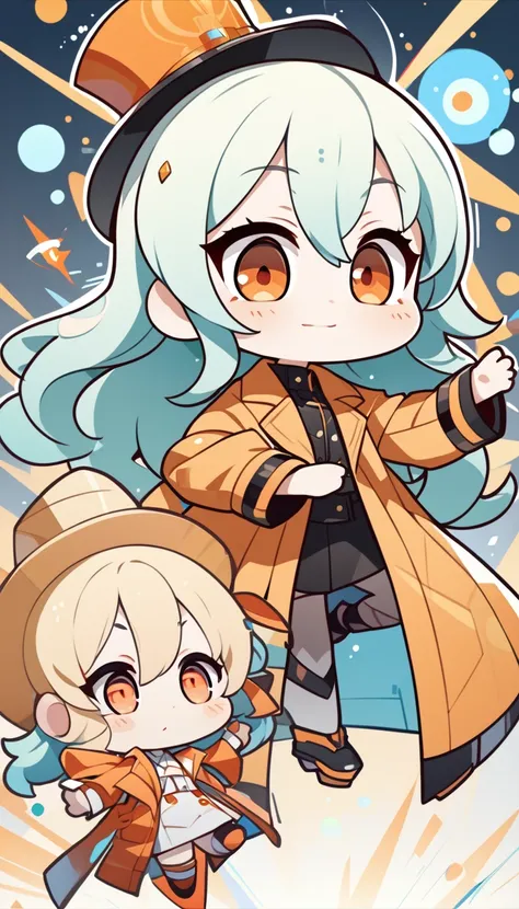 ((beautiful chibi, animated style, anime characters, deformation, masterpiece:1.2)), 1 girl, aquamarine hair, hits, whole body, hair between the eyes, by the wide, very by the wide), transparent orange trench coat, Jumping stance, extended trench coat, Bac...