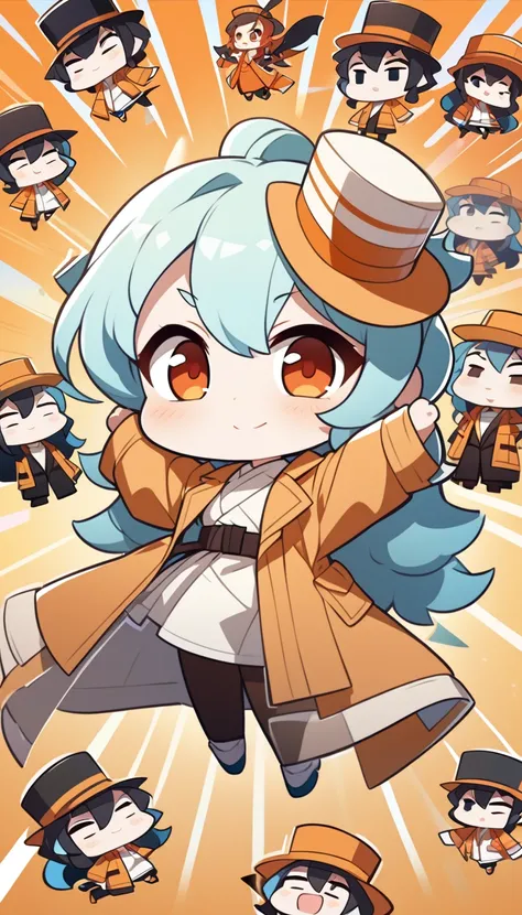 ((beautiful chibi, animated style, anime characters, deformation, masterpiece:1.2)), 1 girl, aquamarine hair, hits, whole body, hair between the eyes, by the wide, very by the wide), transparent orange trench coat, Jumping stance, extended trench coat, Bac...