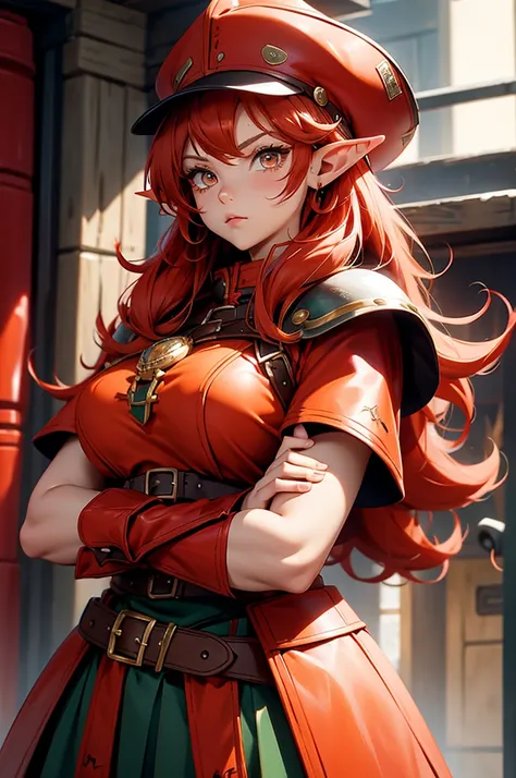 cowboy shot, elf, elf ears, red hair, large twin tails, Amber eyes, crossed arms, red armor, puffy hair, large chest , onductor hat, music hat