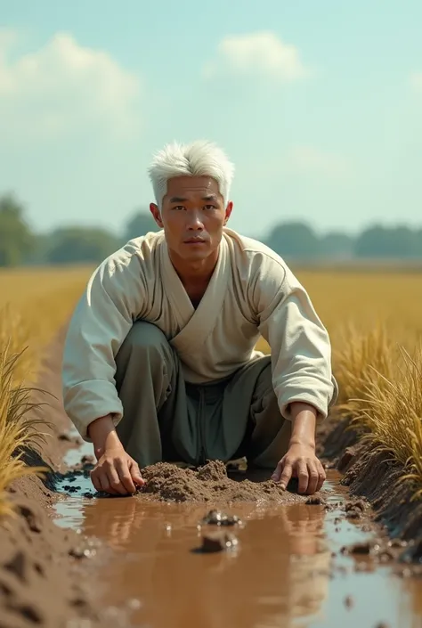 young man(20)Good looking(Asia)(white hair),Jibei set,Growing rice,mud,dirty, Clear skies, realistic textures, highest resolution, very detailed, high resolution model, Anatomically correct, Fuji color, Daily life photos, 