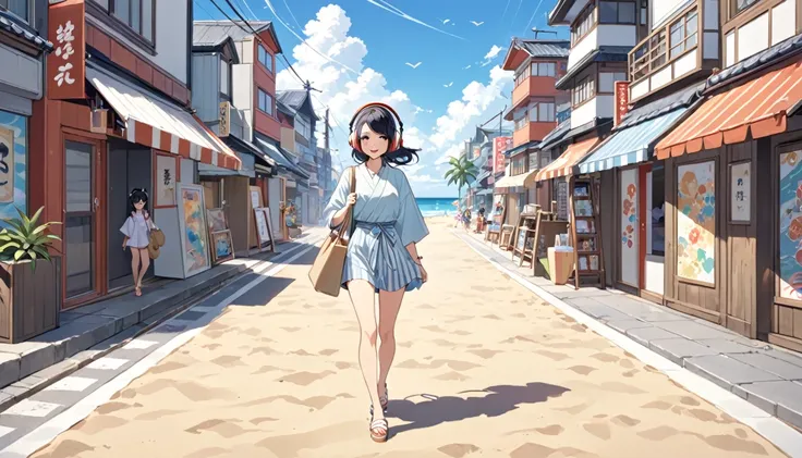 a woman with black hair and cute clothes strolling along the beach,streetscape、listening to music with headphones、japanese