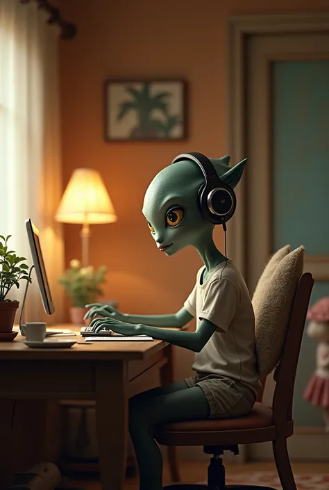 Character sitting at a desk with headphones on in a cozy room  with  warm lighting a alien 

