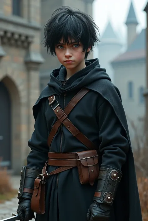 realistic, best quality, masterpiece, detailed, perfect face, fantasy, medieval, lad, male, young, beardless, adolescent, short stature, pale skin, blue eyes, black hair, messy hair, short hair, straight hair, black clothes, rogue, thief, rogue clothes, bl...