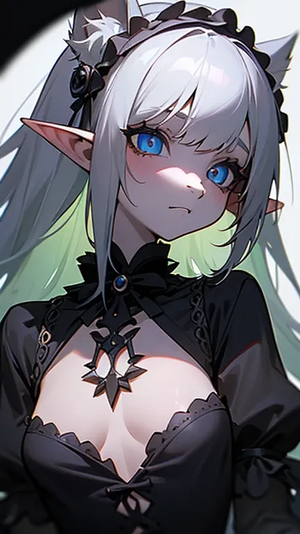 masterpiece,insanely detailed, absurdres, 16K, a girls,luminous eyes, with sparkling eyes,  narrow eyes, (elf_girl, anthro furry:1.0),(anthro_female_elf:1.0), flat chest,flat chest,white background,upper body ,gothic lolita, gothic atmosphere,dutch angle s...