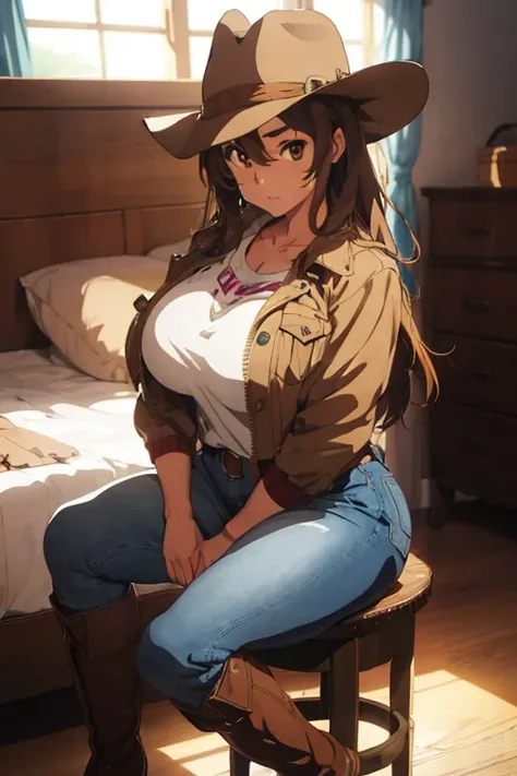 1 female, brown long anime hair, huge breast, teenage girl, brown eyes, thick eyebrows, cowgirl clothes, cowboy hat, jean short, jacket, boots, house, thick ass, thick legs, bedroom, sitting down
