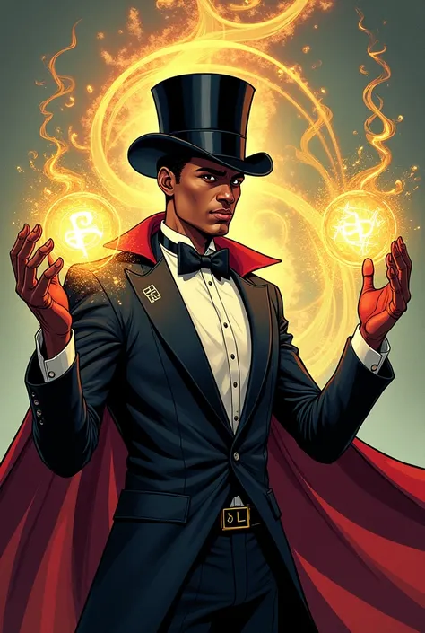 A young man with brown skin color, no hair, doing magic in a magician&#39;s outfit with Zatana&#39;s drawing style very powerful 